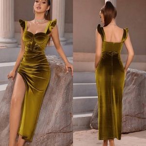 Luxe Ruffle Trim Thigh Split formal party evening dress